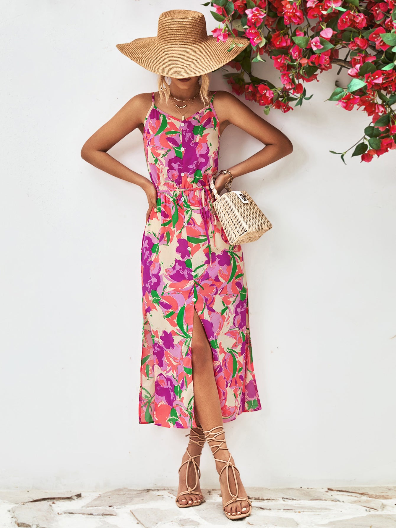 Popular Spaghetti Strap Floral Print Split Dress