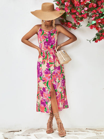 Popular Spaghetti Strap Floral Print Split Dress