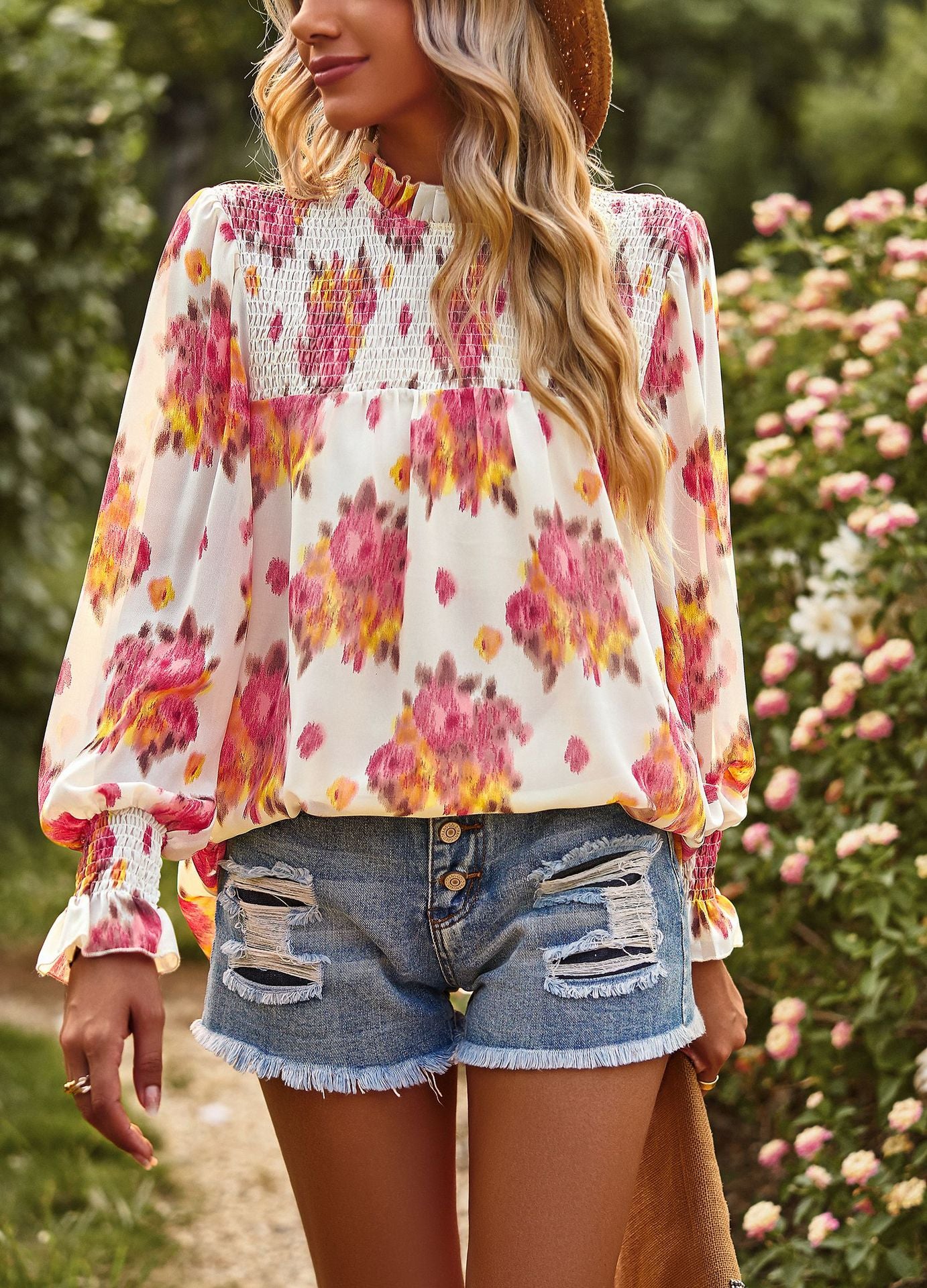 Top con estampado floral, elegante, de doble capa, para primavera y verano, para mujer