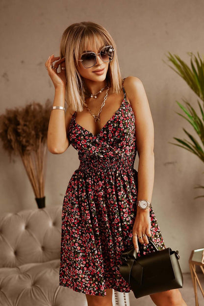 Ropa de mujer Vestido sexy con tirantes y cintura ajustada con cuello en V estampado de verano