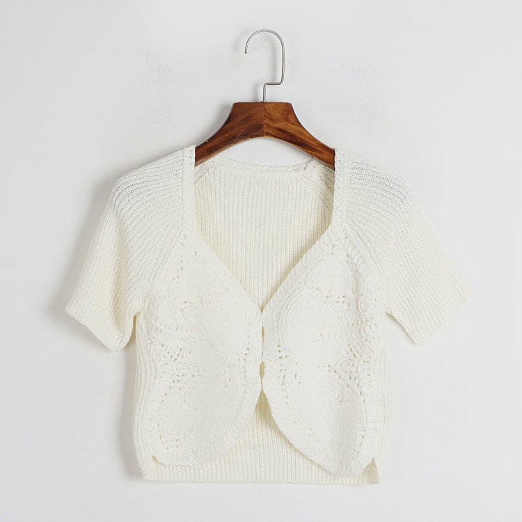 Square Collar Short Sleeve Knitwear Women Collection Vintage Crocheted Hidden Hook Slim Slimming Slim Two Piece Top