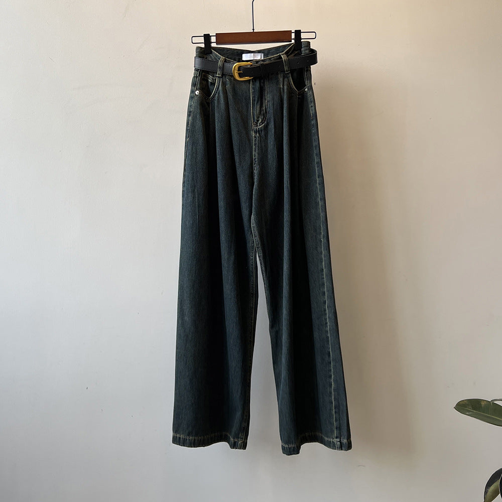 Thin Velvet High Waist Wide Leg Jeans for Women Spring Retro Casual Loose Mop Pants