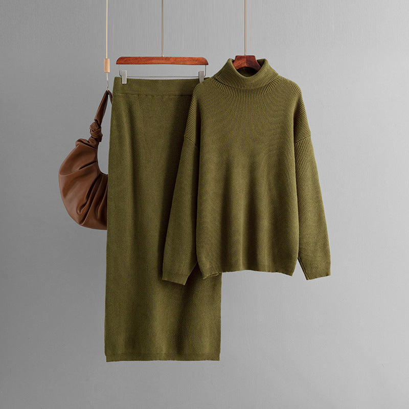 Pullover Two Piece Sweater Women Autumn Winter Solid Color Split Knitted Skirt Set