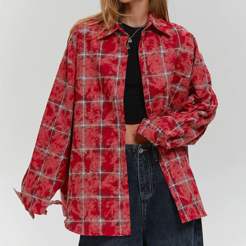 Retro Classic Cotton Red Plaid Shirt Summer Street Distressed Cardigan Collared Blouse for Commuting Women