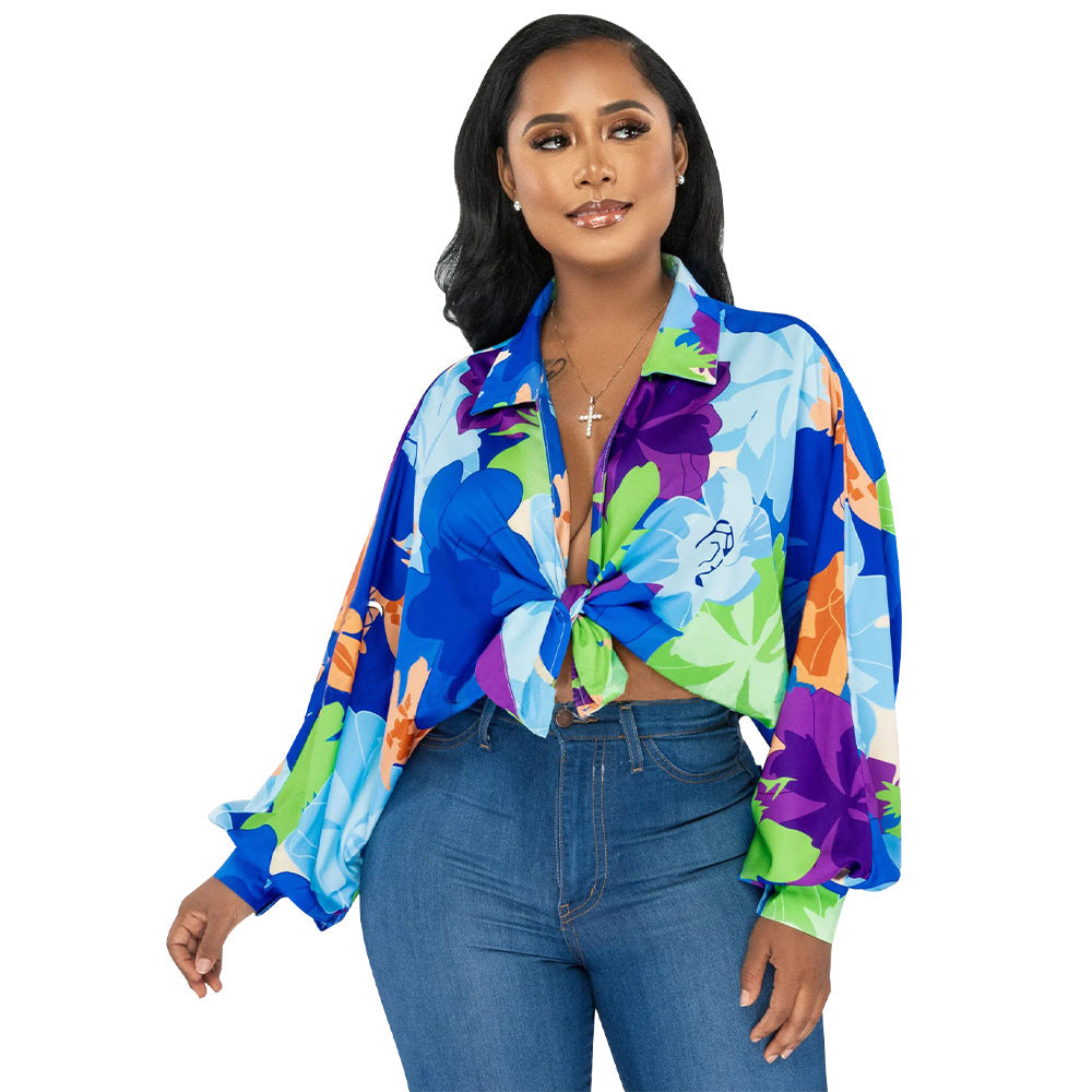 Ropa de mujer Camisa estampada con cuello y mangas murciélago