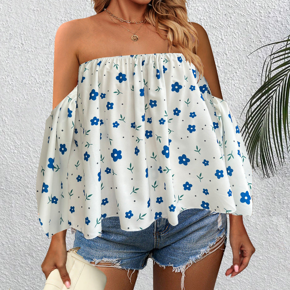 Damen Kleidung Off Shoulder Printed Shirt Urlaubstop