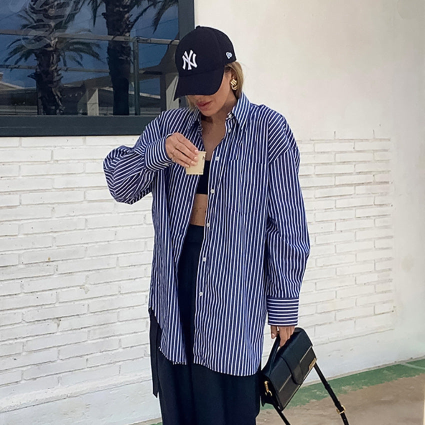 Street Retro Blue White Striped Long Sleeved Shirt Women Autumn Loose Cotton Stylish Shirt Cardigan