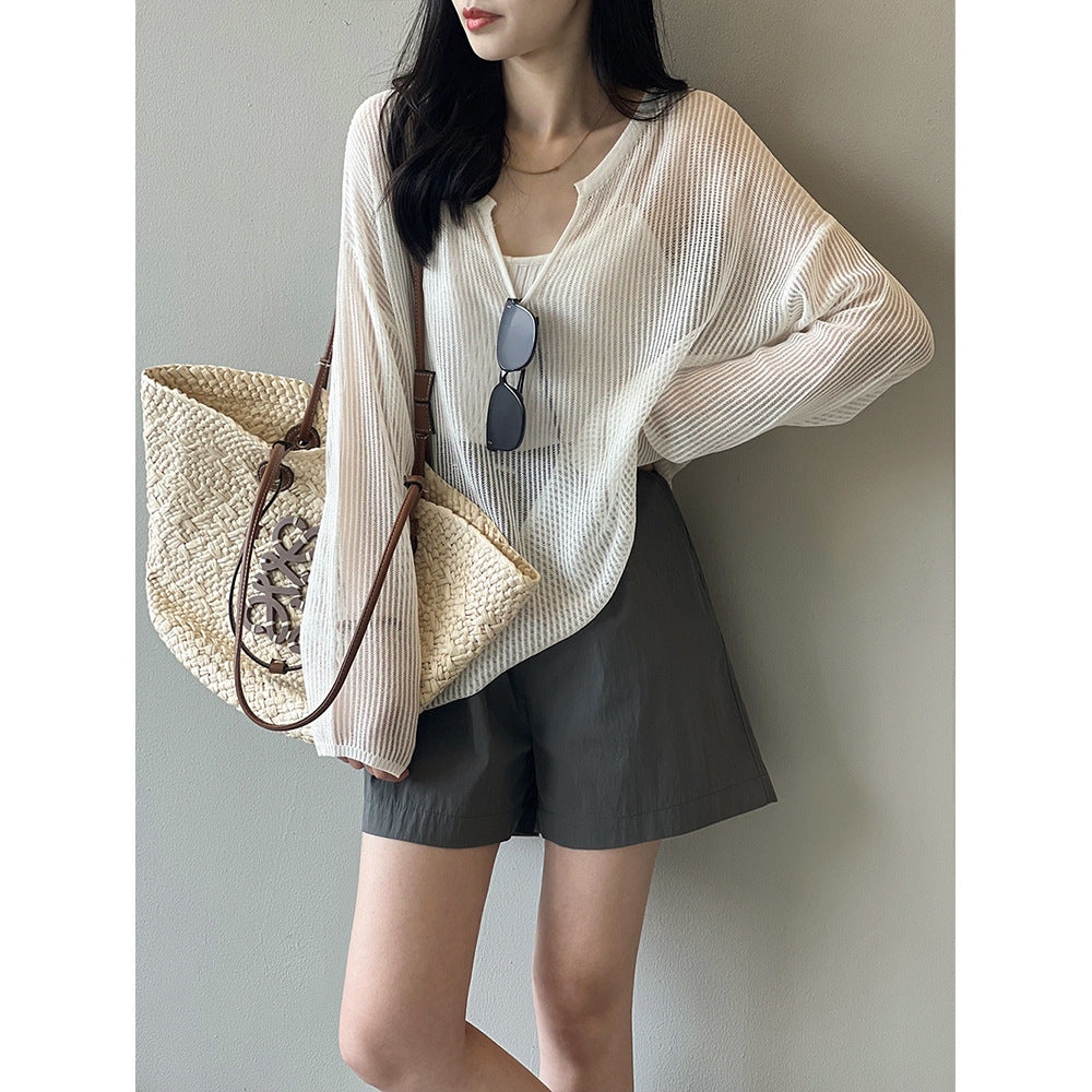 Sun Protection V Neck Sweater Blouse Women Summer Thin Slightly Transparent Hollow Out Cutout T Shirt Top