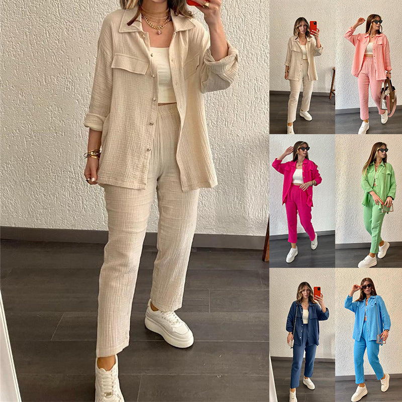 Women Crepe Loose Collared Long Sleeves Shirt Straight Leg Pants Casual Suit Women