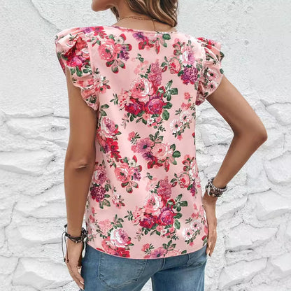 Women Clothing Summer Floral Print Short Sleeved Women Shirt