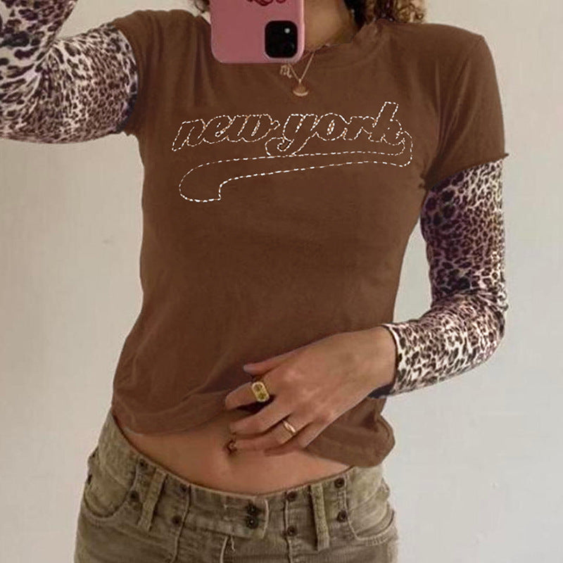 Leopard Splicing Faux Two Piece Top Street Slim Fit Long Sleeved T shirt Women