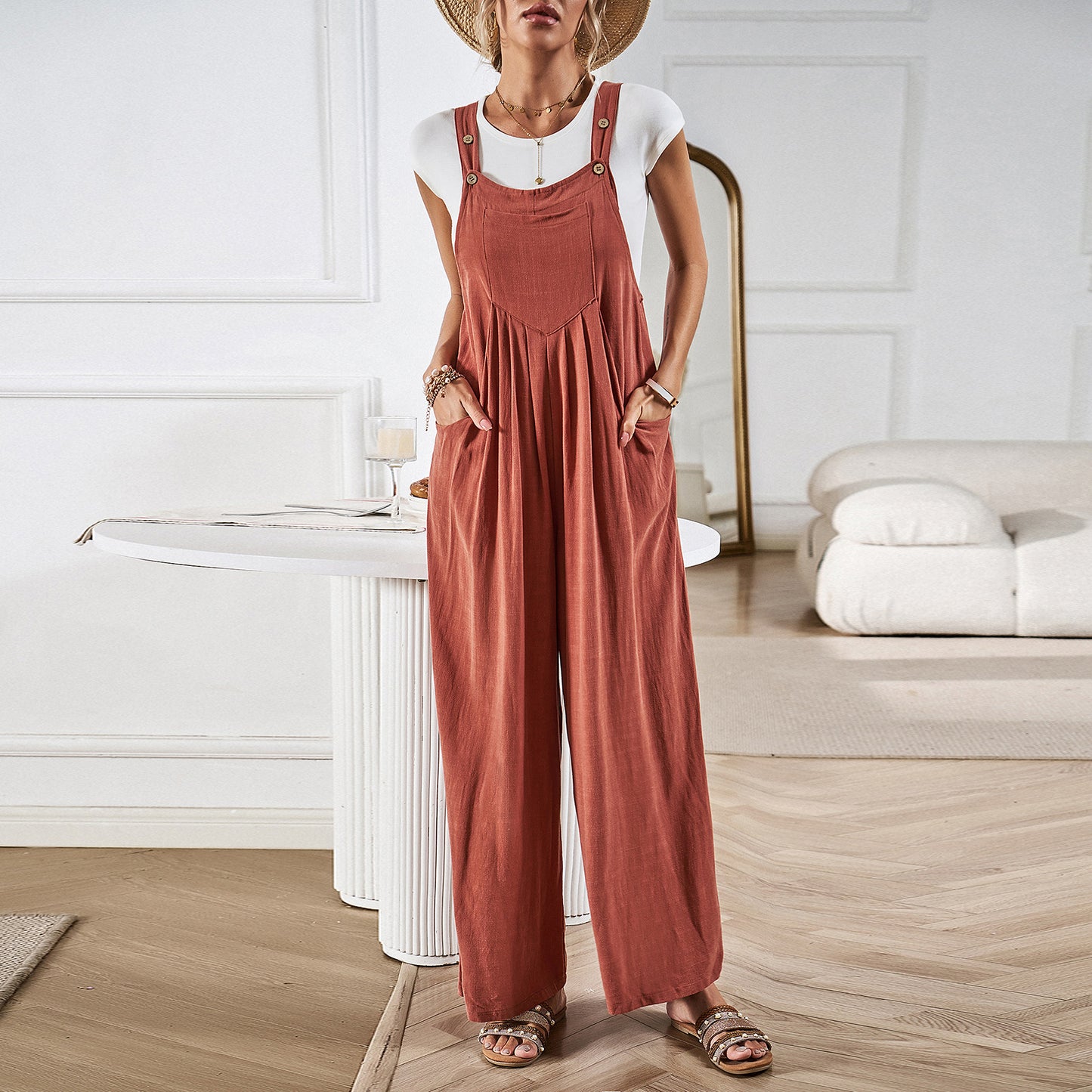 Solid Color Suspender Pants Women Summer Loose Wide Leg One Piece Trousers