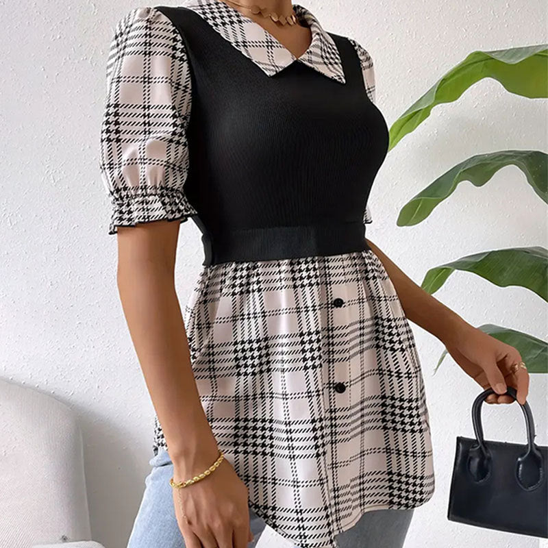 Women Clothing Faux Two Pieces Short Sleeve Puff Sleeve Color Contrast Patchwork Top Women Button Plaid Irregular Asymmetric Top Women