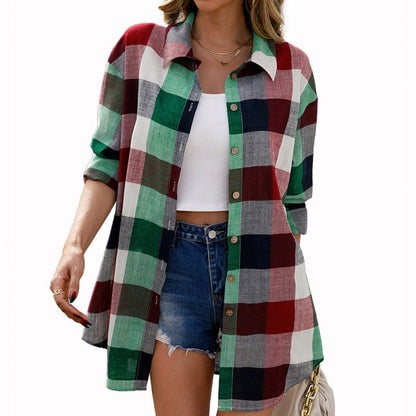 Loose Casual Color Plaid Mid-Length Shirt Single-Breasted Long Sleeve Plaid Top for Women