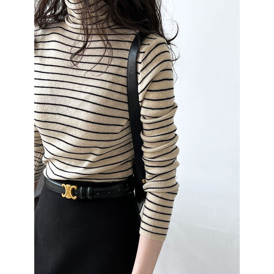 Turtleneck Striped Knitted Bottoming Shirt Slim Fit Inner Wear Long Sleeve Contrast Color Autumn Sweater