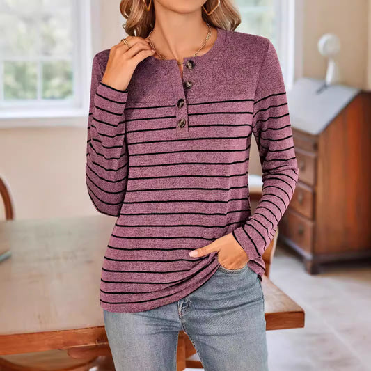 Women Clothing Autumn Winter Striped Contrast Color Half Cardigan Button Long Sleeve T shirt for Women