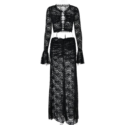 Lace See Through Two Piece Women Sexy Sexy All Match High Waist with Straps Long Skirt Set