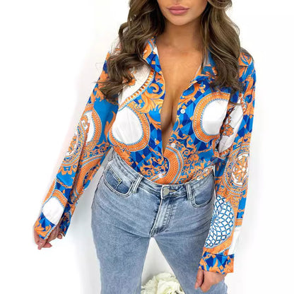 Women Clothing Top Spring Autumn Collared Cardigan Printed Shirt Long Sleeve Button Shirt