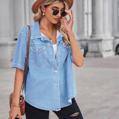 Women Washed Thin Denim Shirt Top Short Sleeve Cardigan Women