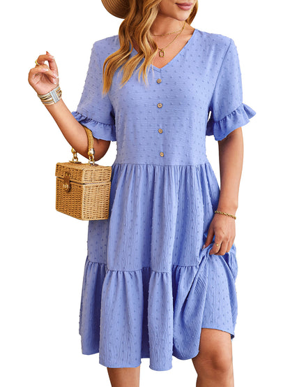 Women Clothing Spring Summer V neck Jacquard Waist Tight Five Quarter Sleeve Pleated Dress