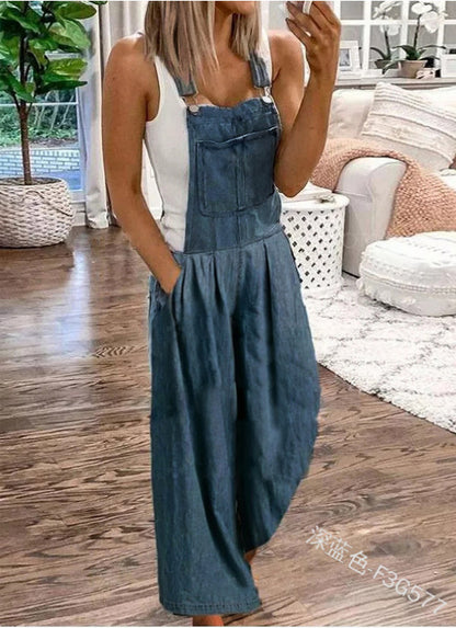 Women Denim Jumpsuit Summer Office Mid Waist Wash Wide Leg Jeans Thin Pants Women