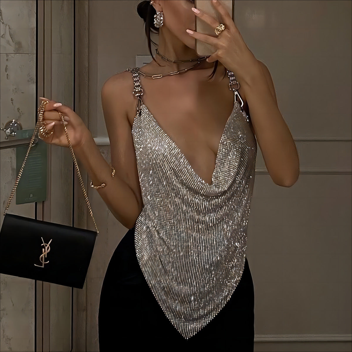 Frühling Metall Strass Top Sexy Hosenträger Unregelmäßige Asymmetrische Weste Süße Würzige Kette Sling