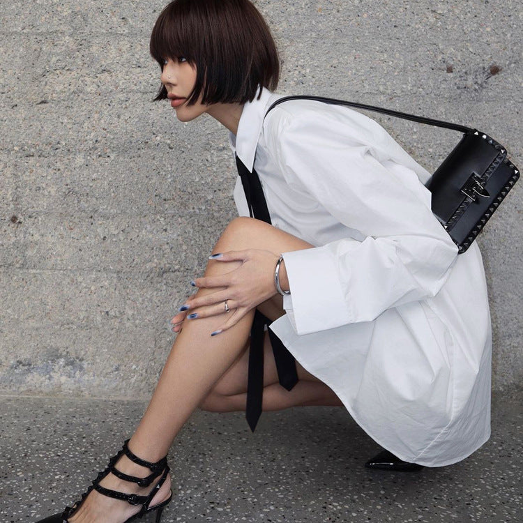 Camisa de manga larga de algodón para mujer de primavera con corbata negra, camisa blanca larga suelta