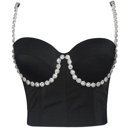 Verano Diamante Incrustado Correa De Hombro Envuelto Pecho Sexy Sin Espalda Camisola Francesa Mujeres Exterior Push Up Deshuesado Corsé Deshuesado Corset Bra