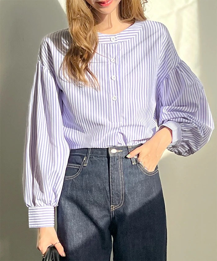 Women Shirt Summer Loose High Grade 7 Color Striped Lantern Sleeve Top Women