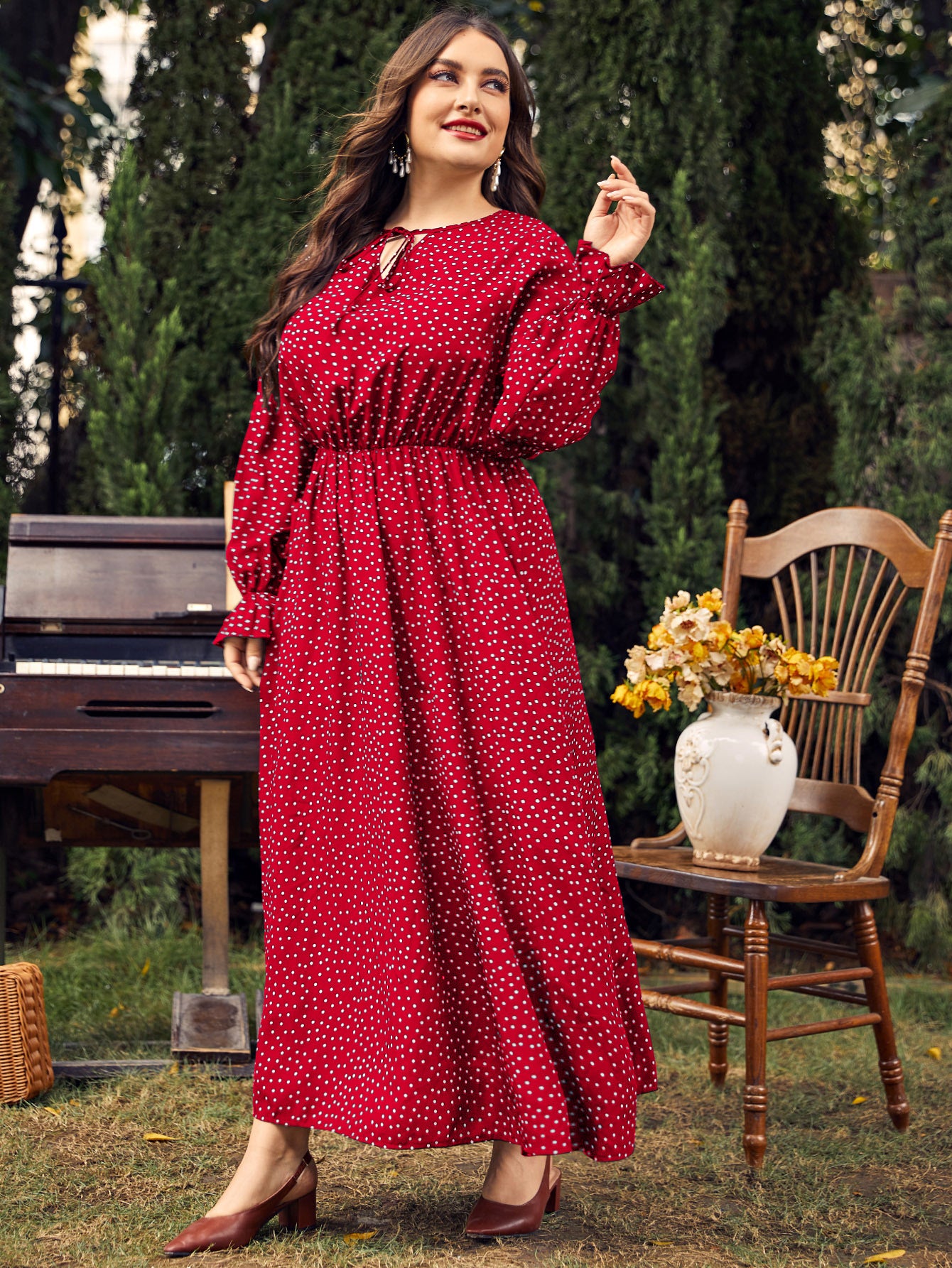 Plus Size Damenkleid Polka Dot Locker sitzendes Langarmkleid für Mädchen