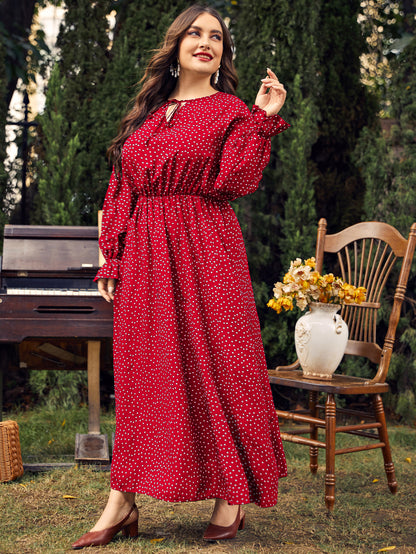 Plus Size Damenkleid Polka Dot Locker sitzendes Langarmkleid für Mädchen