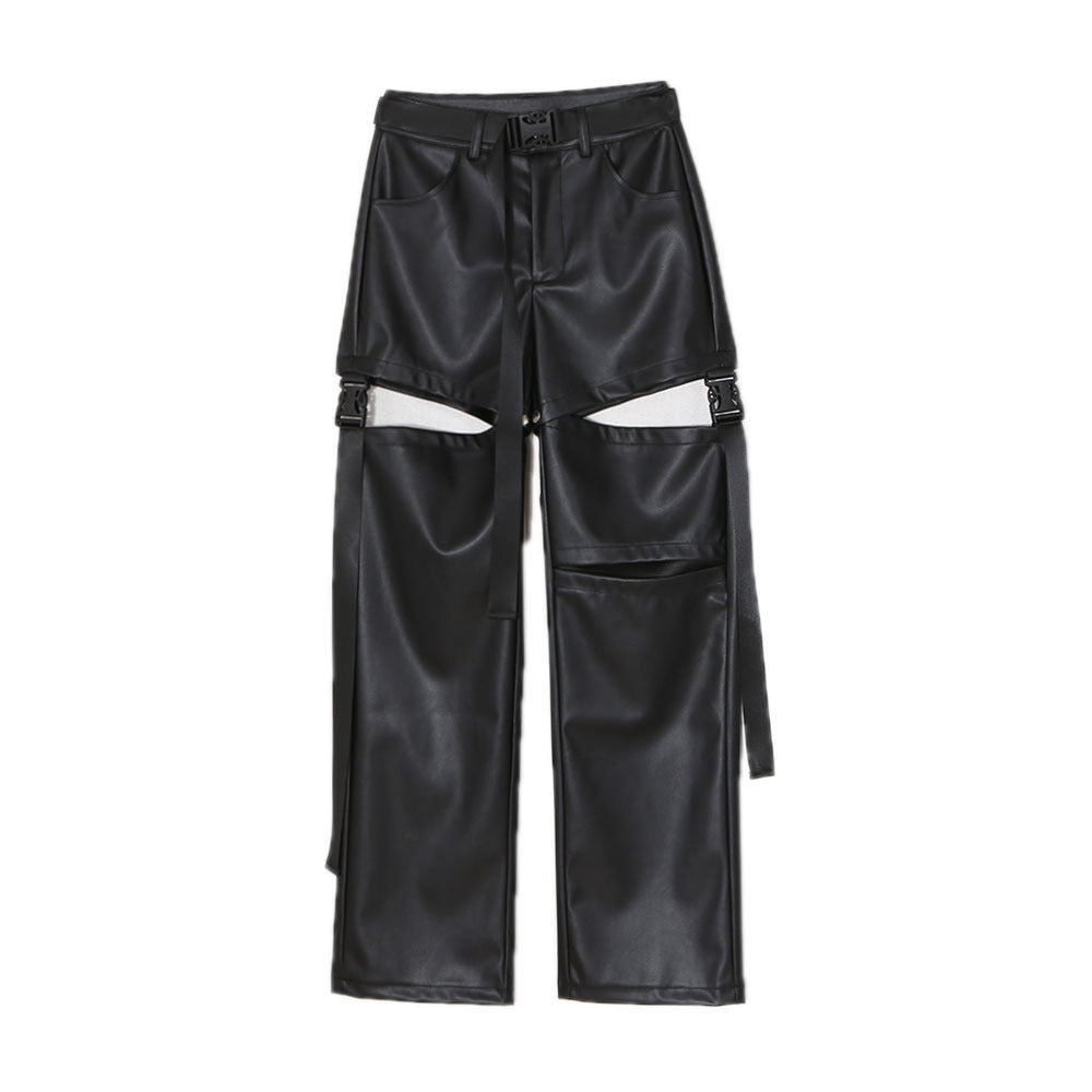 Women High Waist Straight Mopping Pants Detachable Ripped Trousers Loose Leather Pants