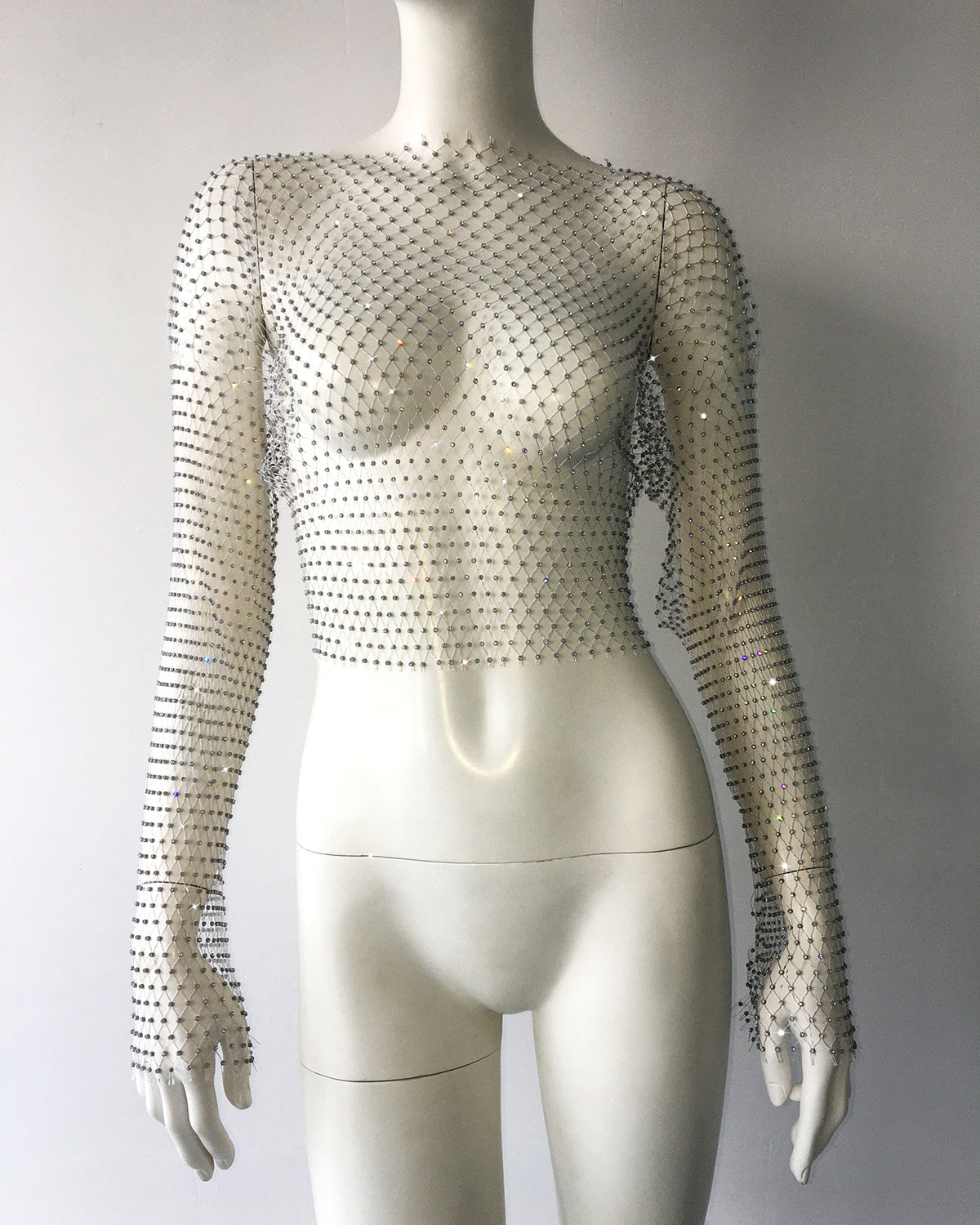 Fishnet T-Shirt Mesh Strass Langarm Top Sexy Strass Fishnet Kleidung Damen