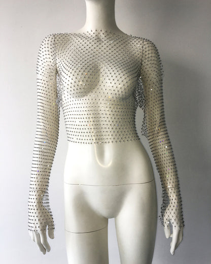 Fishnet T-Shirt Mesh Strass Langarm Top Sexy Strass Fishnet Kleidung Damen