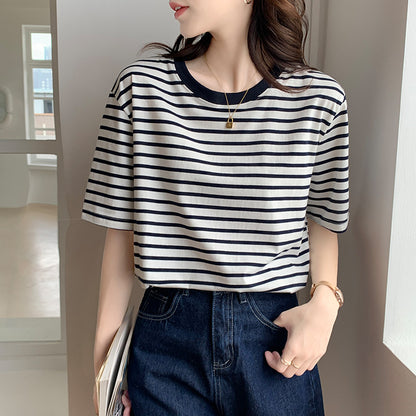 Women Short Sleeved T shirt Summer Thin Loose Cotton Green Striped T shirt Women Top Clothes