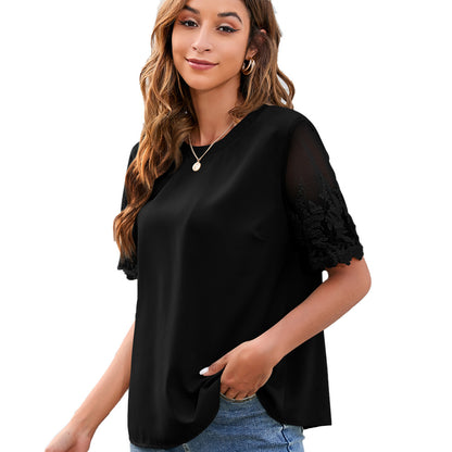 Women Clothing round Neck Lace Shirt Chiffon Blouse Women Top