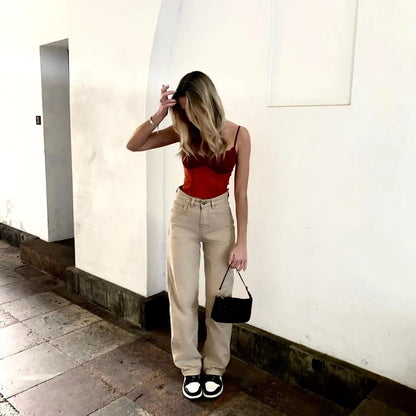 Retro Light Khaki High Waist Draggle Tail Straight Trousers Jeans Street Smart Trousers