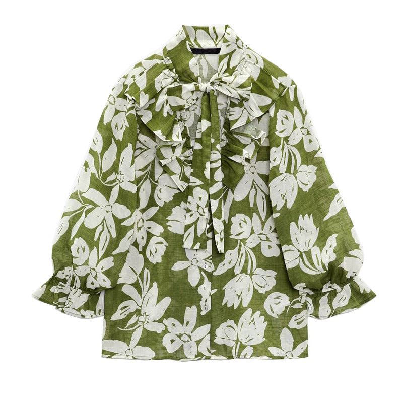 Summer Women Bow Floral Print Loose Vacation Shirt Top