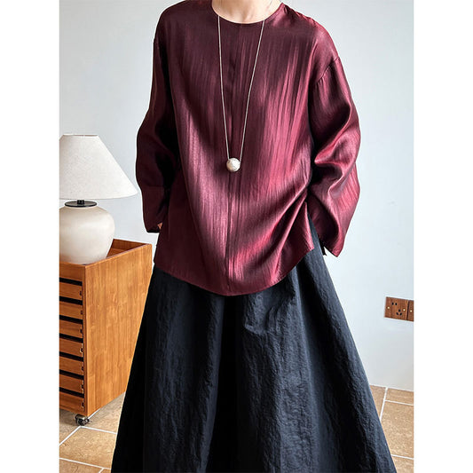 Minimalist Raglan Sleeve Pearl round Neck Pullover Women Loose Idle Old Money Drape Shirt