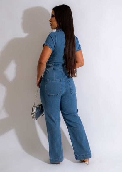 Women Sexy Denim Jumpsuit Short Sleeve Wide Leg Pants