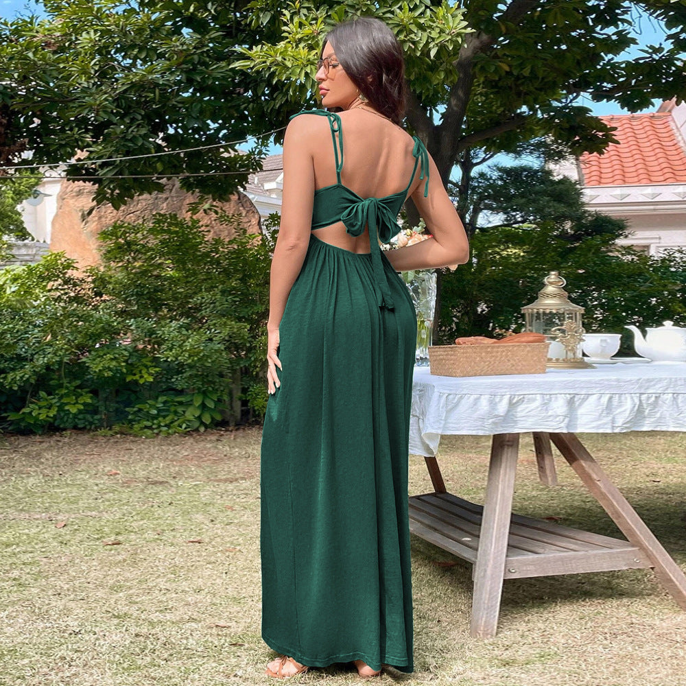 Women Clothing Holiday Beach Dress Sexy Backless Waist Trimming A line Strap Dress