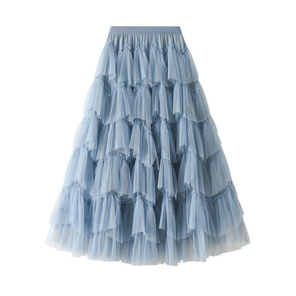 Frühlings-Stufenkleid aus Netzstoff, langer Rock, Designrock, einfach passender Pettiskirt aus Netzstoff