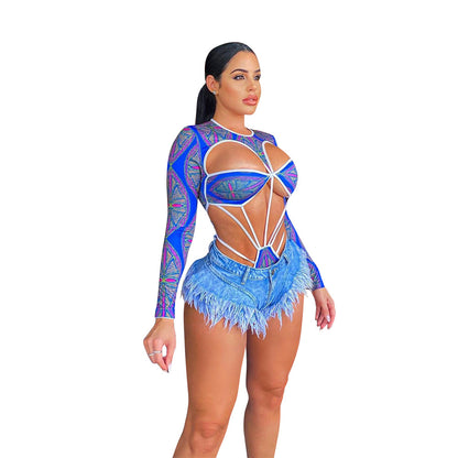 Women Clothing Swimsuit Lady Sexy Hollow Out Cutout Digital Printing Long Sleeve Jumpsuit