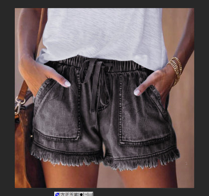 Sommer Neue Elastische Taille Kordelzug Lässige Hohe Taille Abnehmen Denim Shorts für Frauen