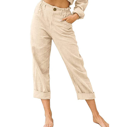 Women Clothing Summer Solid Color Cotton Linen Loose High Waist Casual Trousers