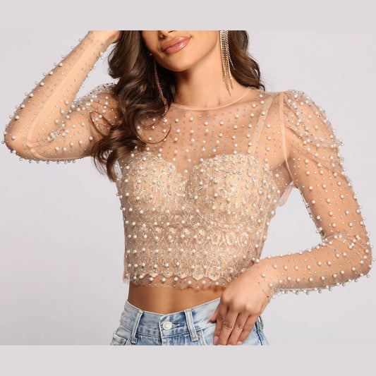 Ropa de verano para mujer, top de malla con mangas abullonadas y perforaciones