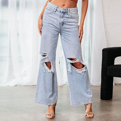 Knee Ripped Jeans Women High Waist Long Wide Leg Pants Light Color Water Scrubbing Casual Pants