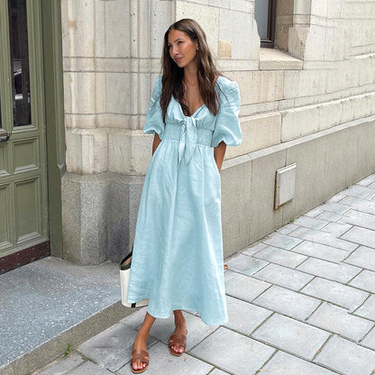 Summer French Elegant Dress Sexy Low Cut V neck Puff Sleeve High Waist Cotton Linen Dress