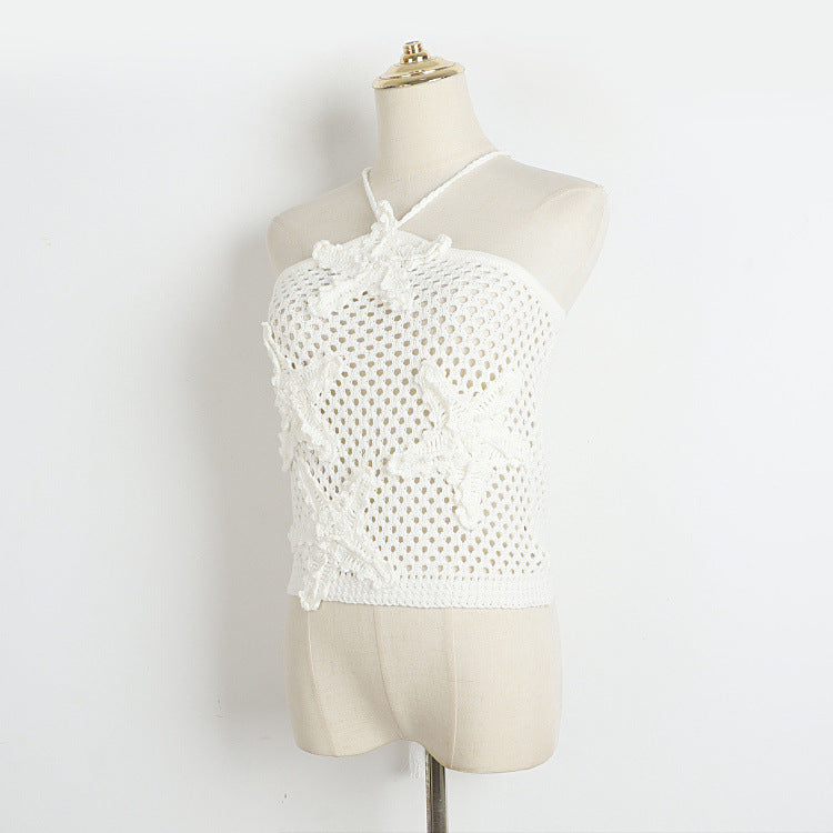 White Slip Top Women's Summer Handmade Crochet Five Pointed Star Niche Knitted Hollow Out Cutout Top