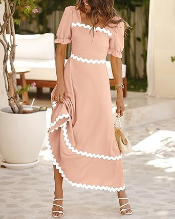 Women Clothing Square Collar Lace Back Pleating Puff Sleeve Dress